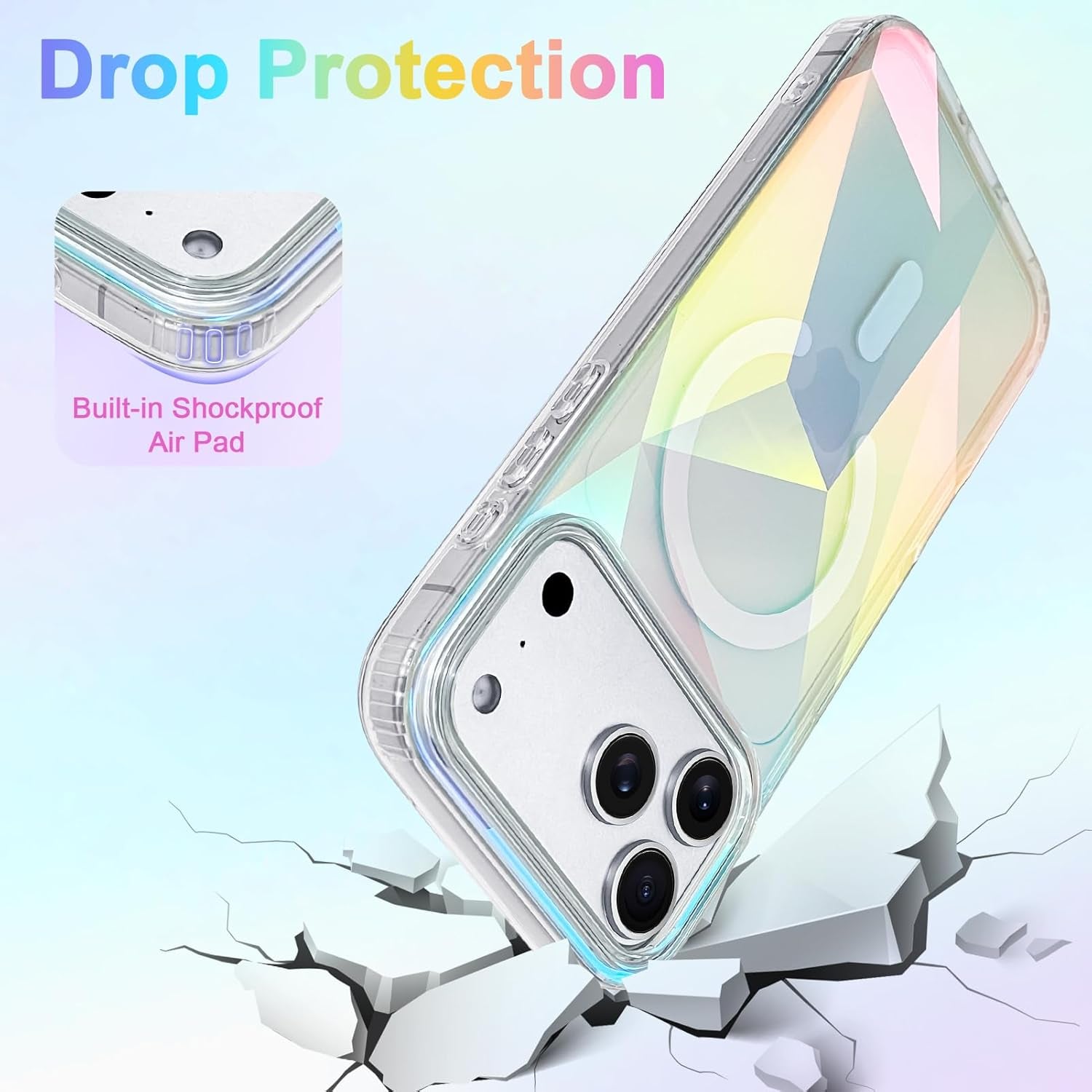 Clear glitter iPhone 17 Pro Max case by X With Love with iridescent geometric design, magnetic Magsafe compatible, sparkly rainbow bling