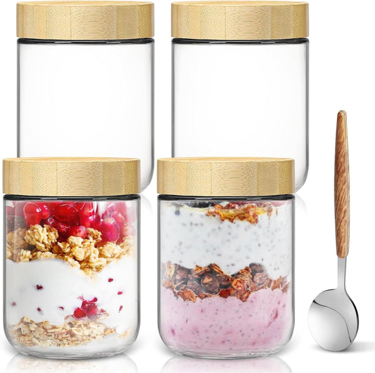 Set of four 16oz glass overnight oats jars with bamboo lids, wide mouth, including spoons for meal prep and food storage by X With Love.