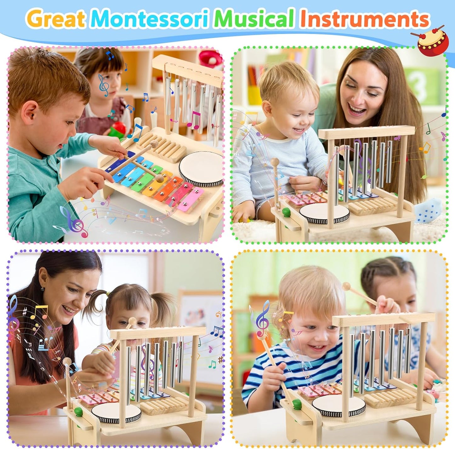 Kids wooden drum set and xylophone with wind chime, toddler musical instrument toys for kids' birthday from X With Love