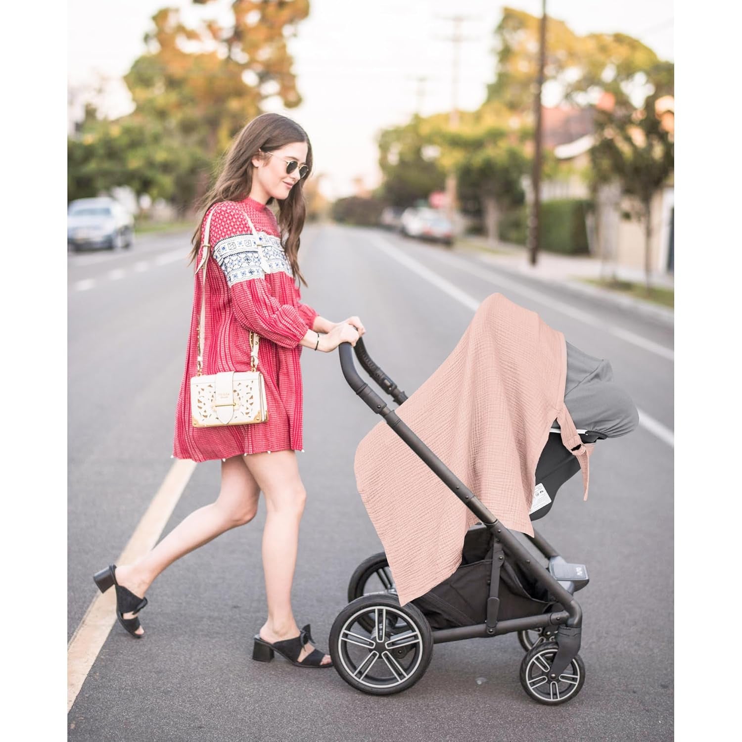 Pink X With Love muslin nursing cover with rigid hoop for breastfeeding, breathable 100% cotton design, versatile carseat canopy.