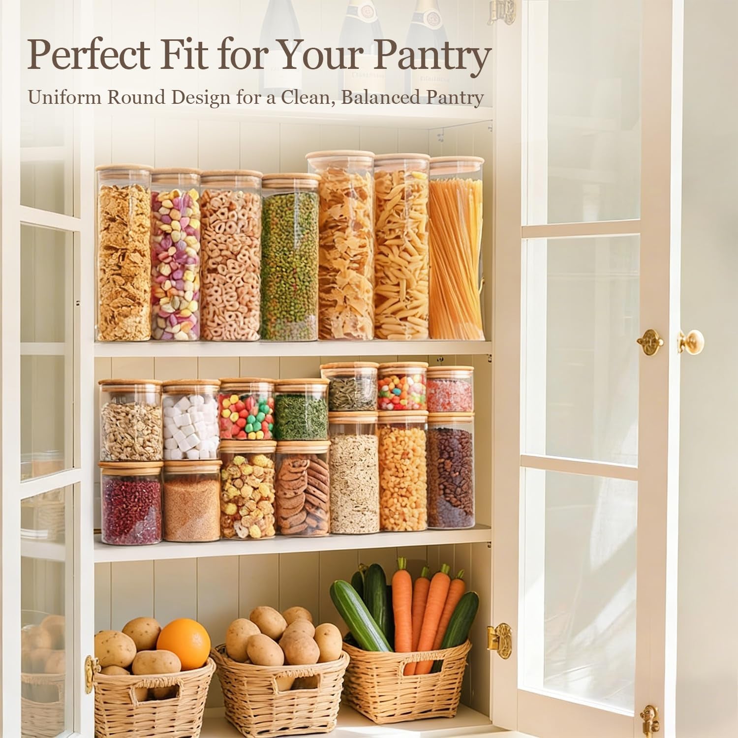 Set of six X With Love glass storage containers with airtight lids, labels, and stackable design for dry food and pantry organization.