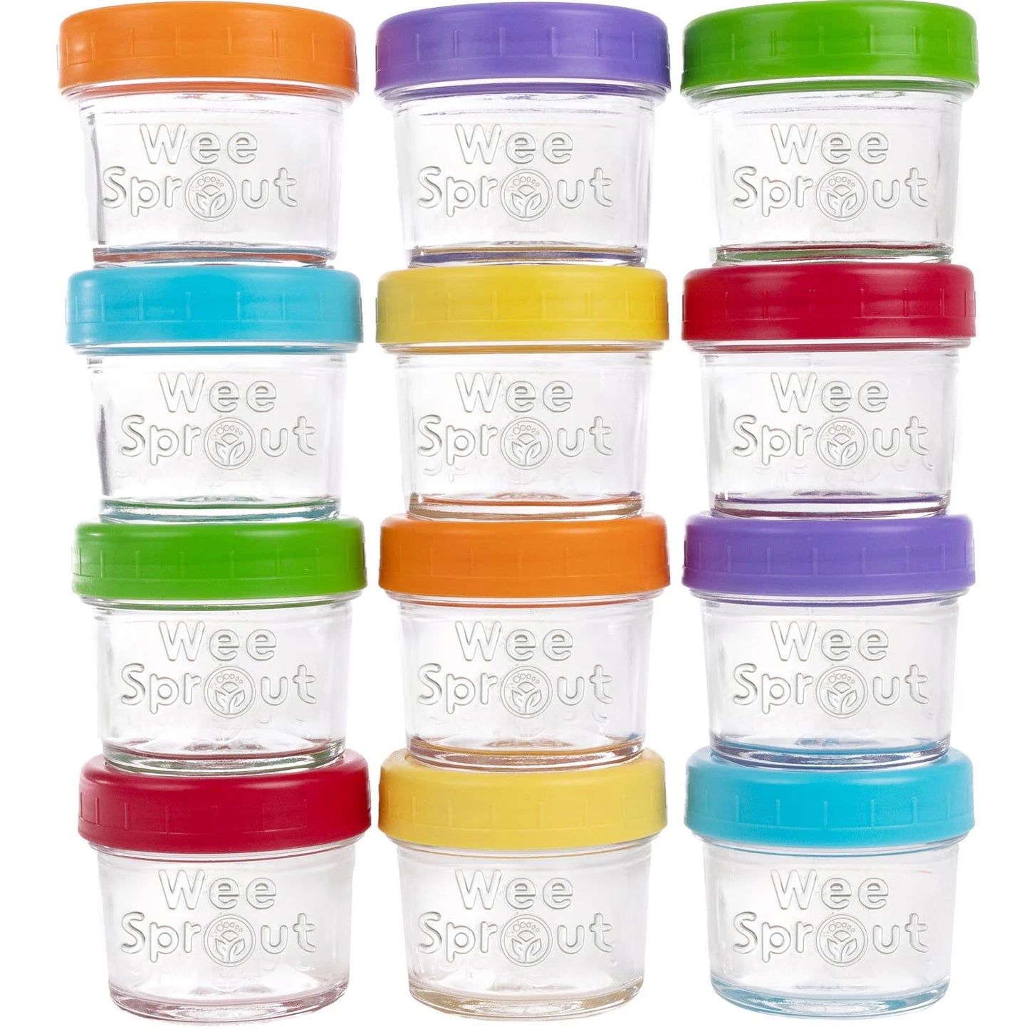 Set of 12 X With Love glass baby food storage jars with lids, 4 oz capacity, ideal for storing homemade purees and snacks.