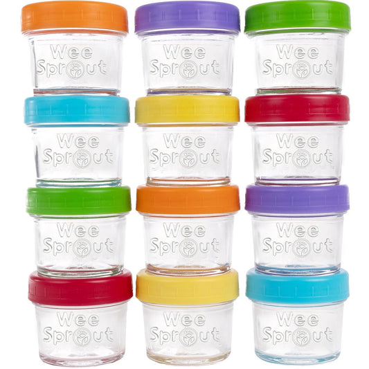Set of 12 X With Love glass baby food storage jars with lids, 4 oz capacity, ideal for storing homemade purees and snacks.