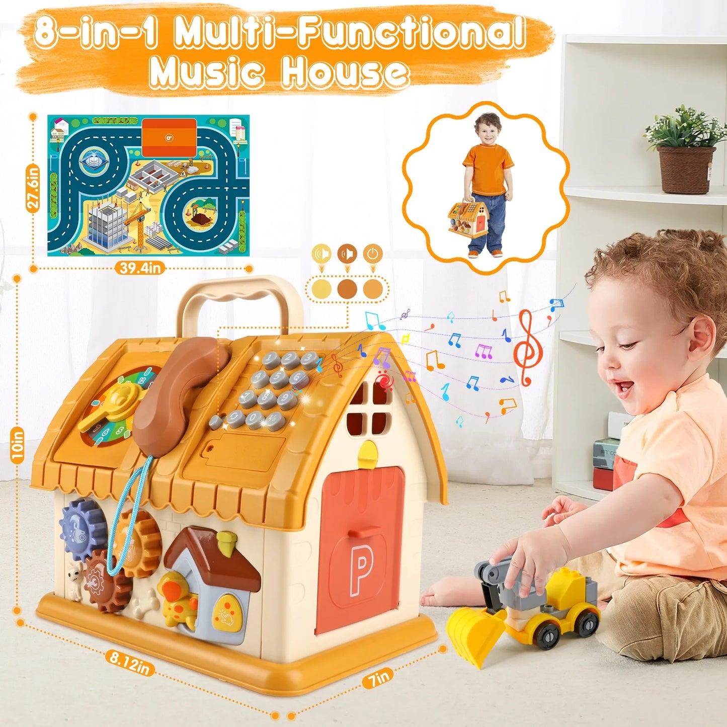 Toddler Montessori learning house toy by X With Love with cars, map, sound, and light features for ages 1+ in a colorful play setting.