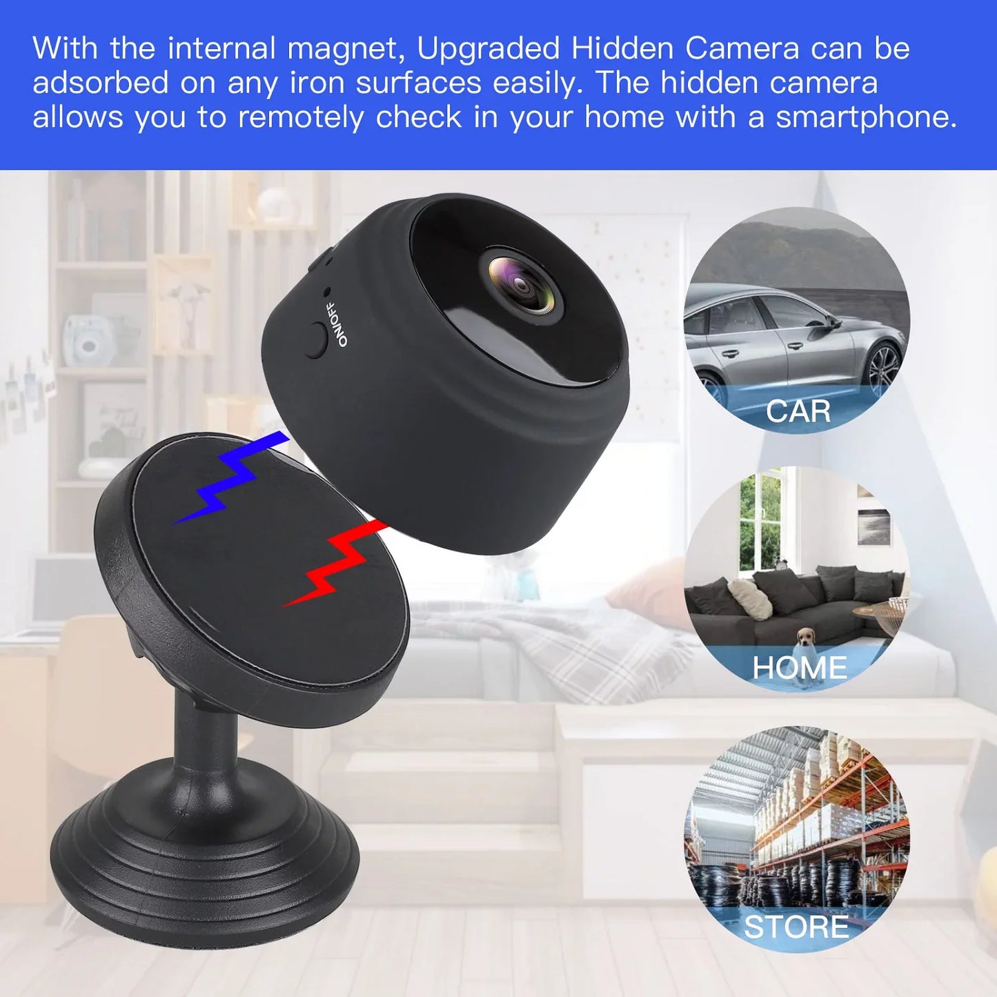 Mini wireless security camera by X With Love with full HD 720P video, night vision, and motion detection for home, car, and outdoor use.