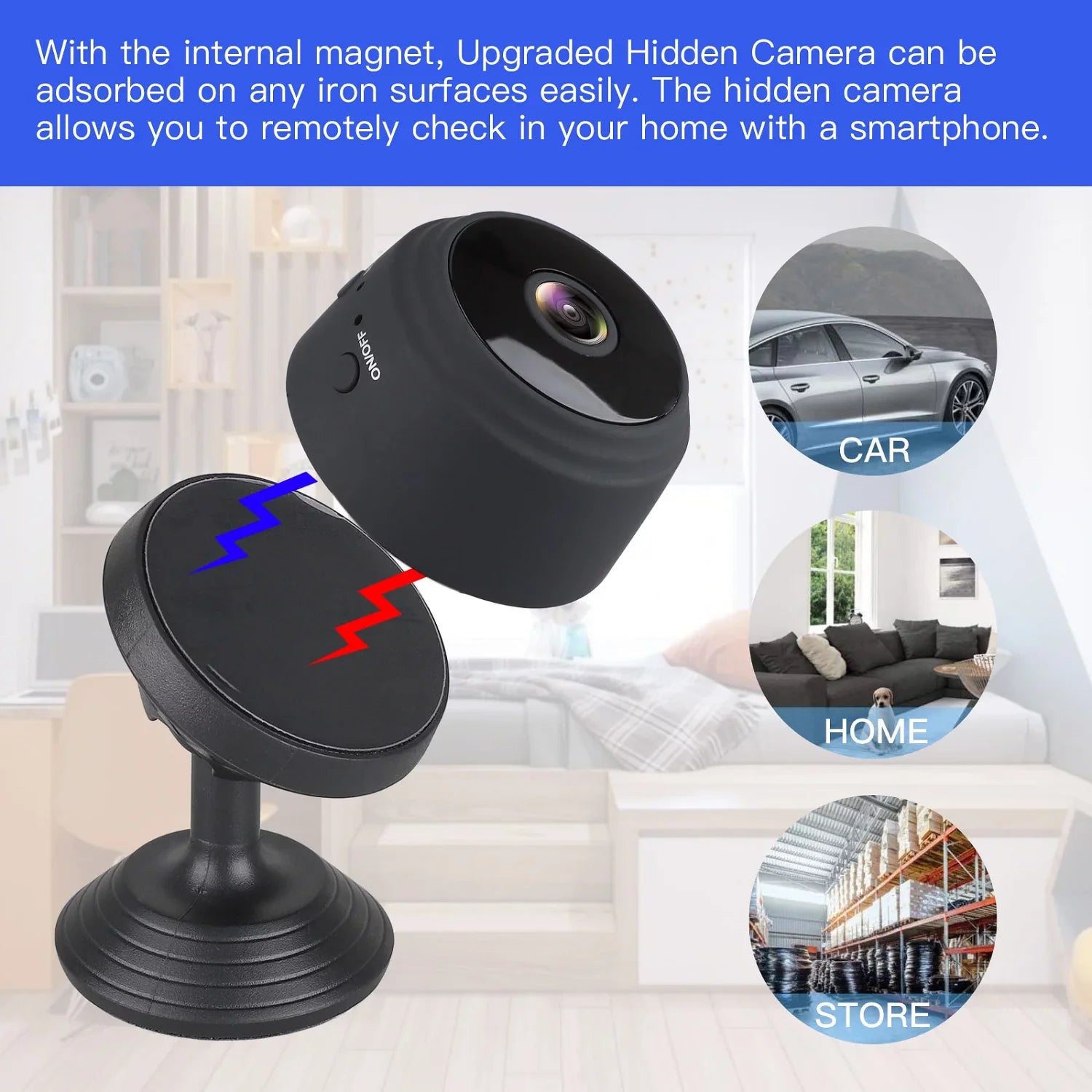 Mini wireless security camera by X With Love with full HD 720P video, night vision, and motion detection for home, car, and outdoor use.