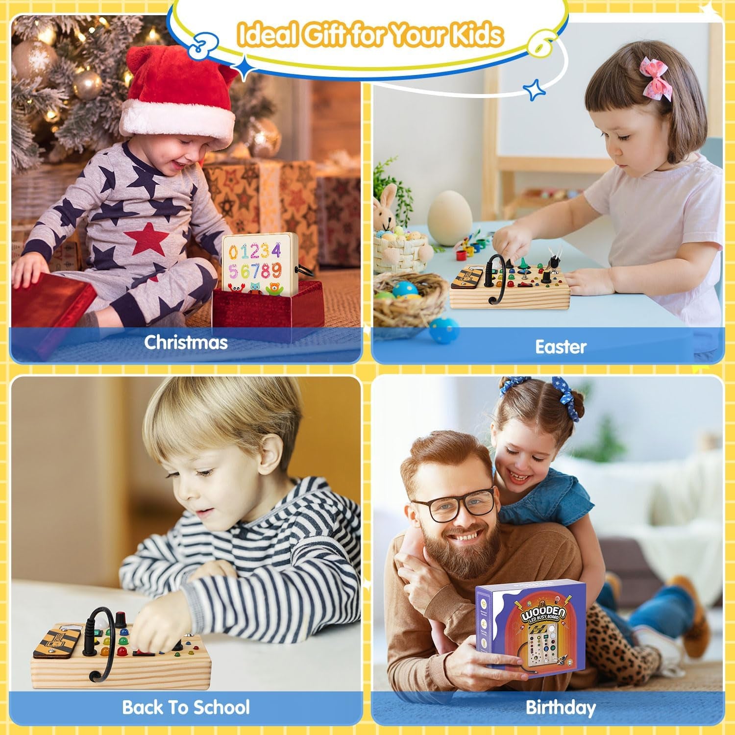 Wooden Montessori busy board toy with LED light switch for toddlers, educational sensory toy for 1-3 year old boys and girls.