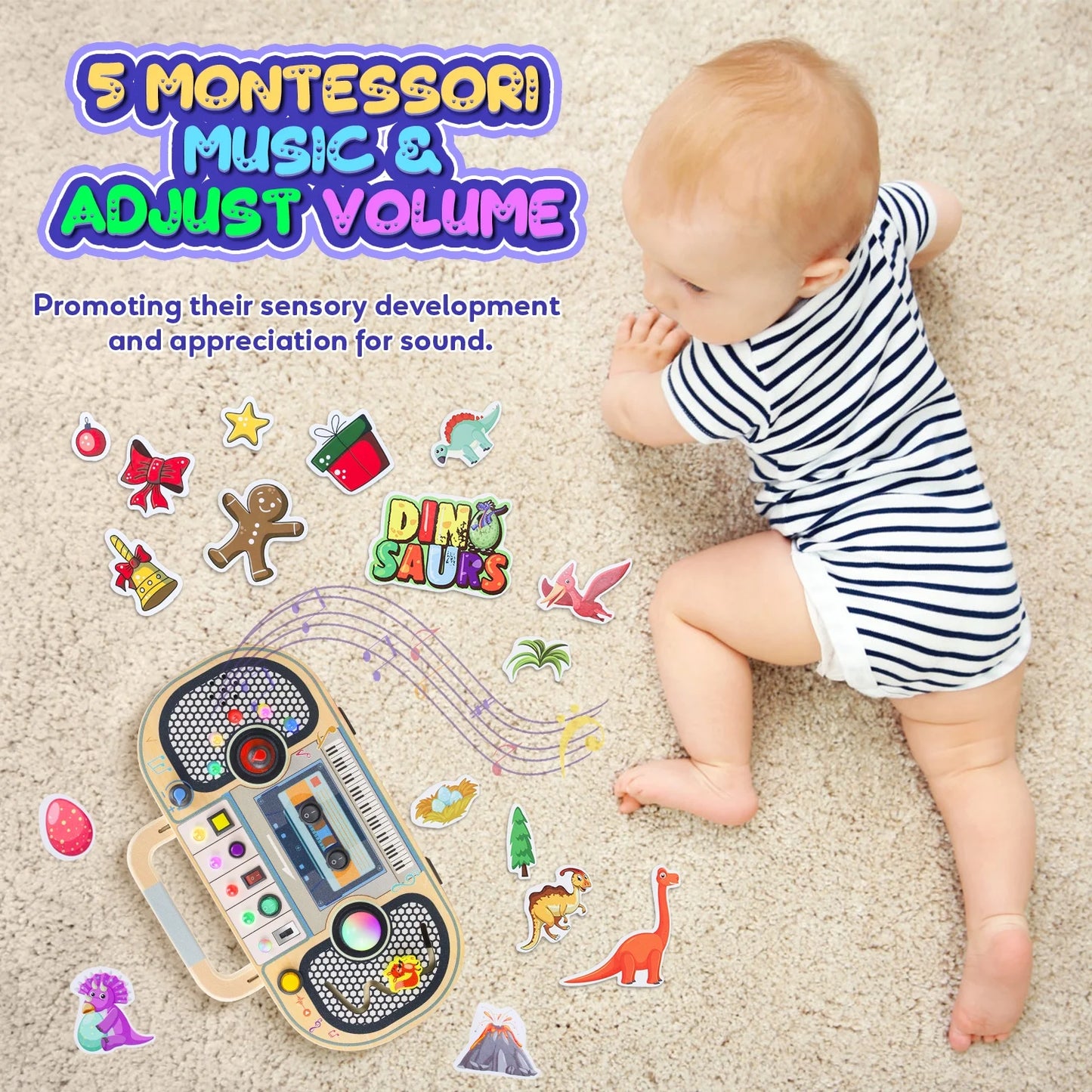 Montessori wooden busy board for toddlers by X With Love featuring LED lights, sensory switches, music labyrinth, and DIY stickers.