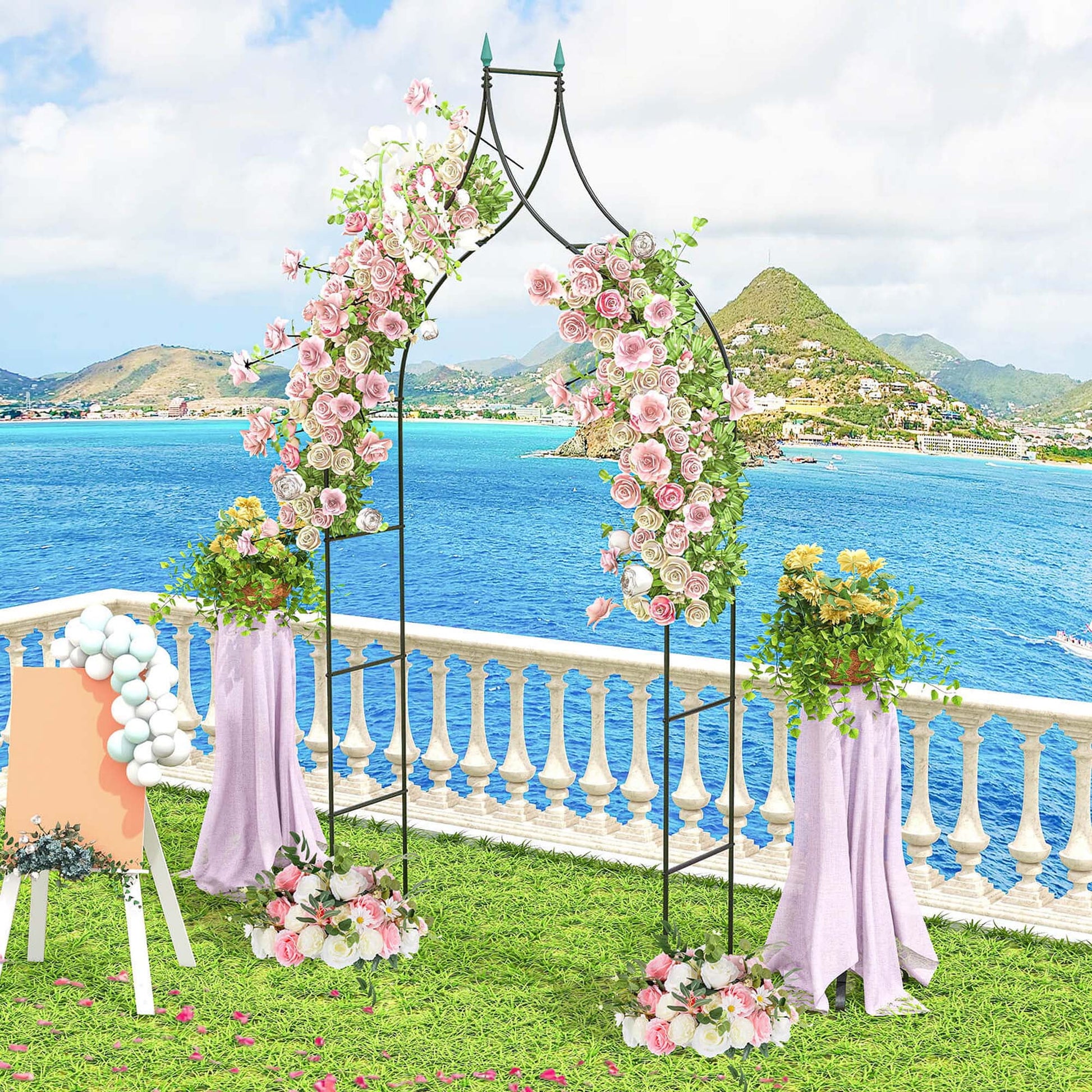 Steel garden arch rose arbor with climbing plants, outdoor garden decorative structure by X With Love