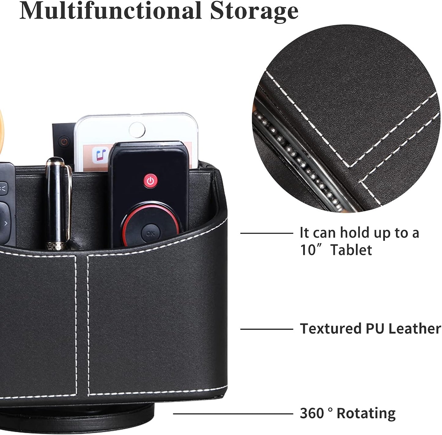 Leather remote control holder by My Store with 360-degree spinning, desk TV remote caddy and organizer for phone, pens, and mail.