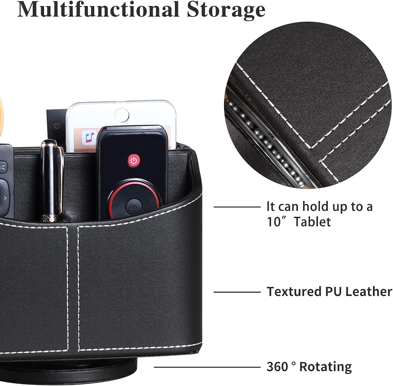 Leather remote control holder by My Store with 360-degree spinning, desk TV remote caddy and organizer for phone, pens, and mail.