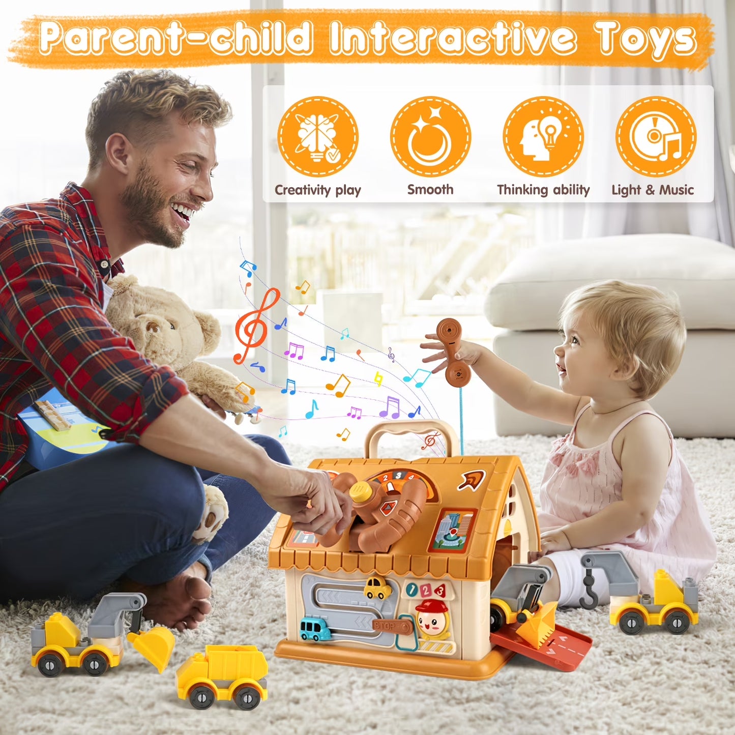 Toddler Montessori toy by X With Love featuring an 8-in-1 learning house, building cars, map, sound, and light for kids age 1+.