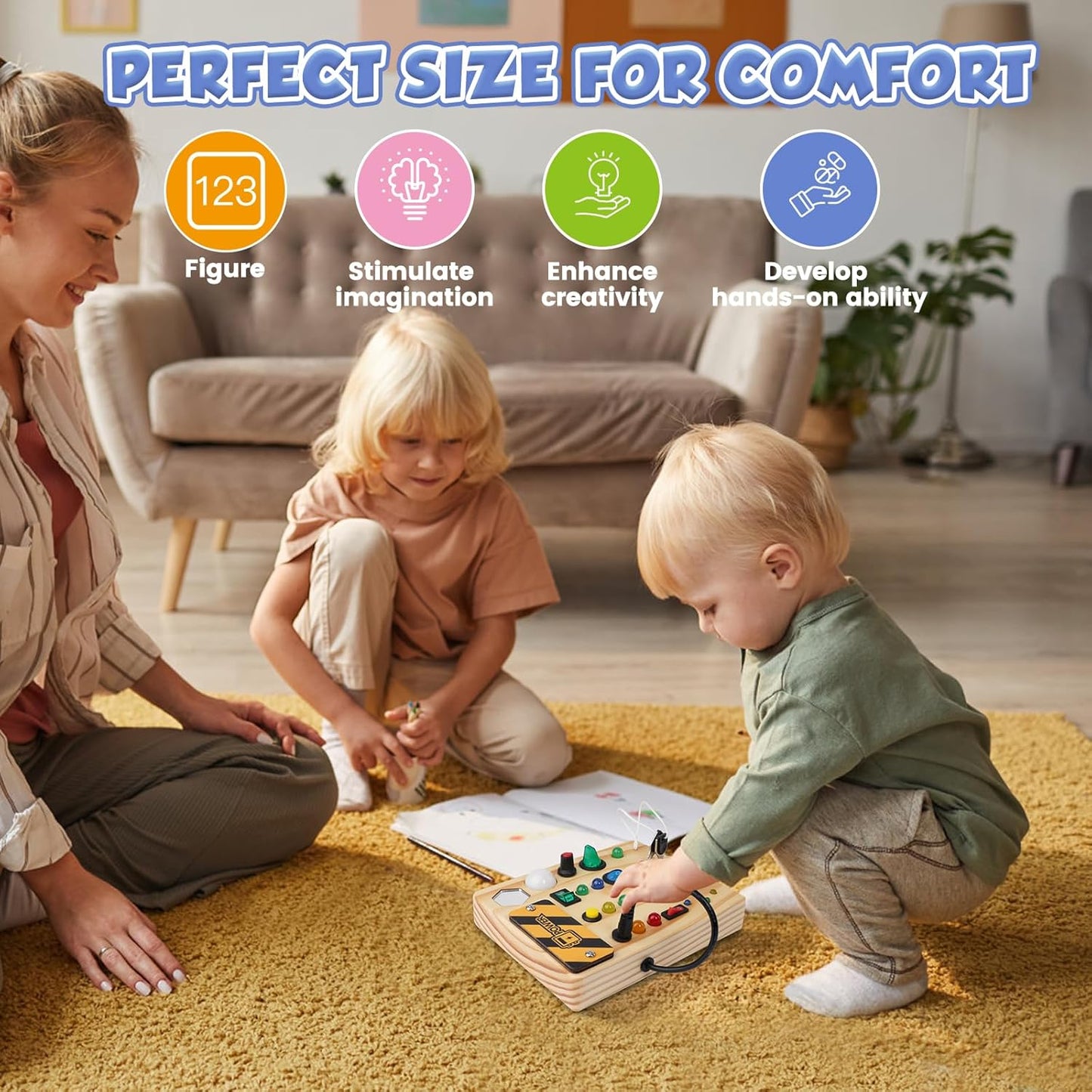 Wooden Montessori busy board toy with LED light switch for toddlers, educational sensory toy for 1-3 year old boys and girls
