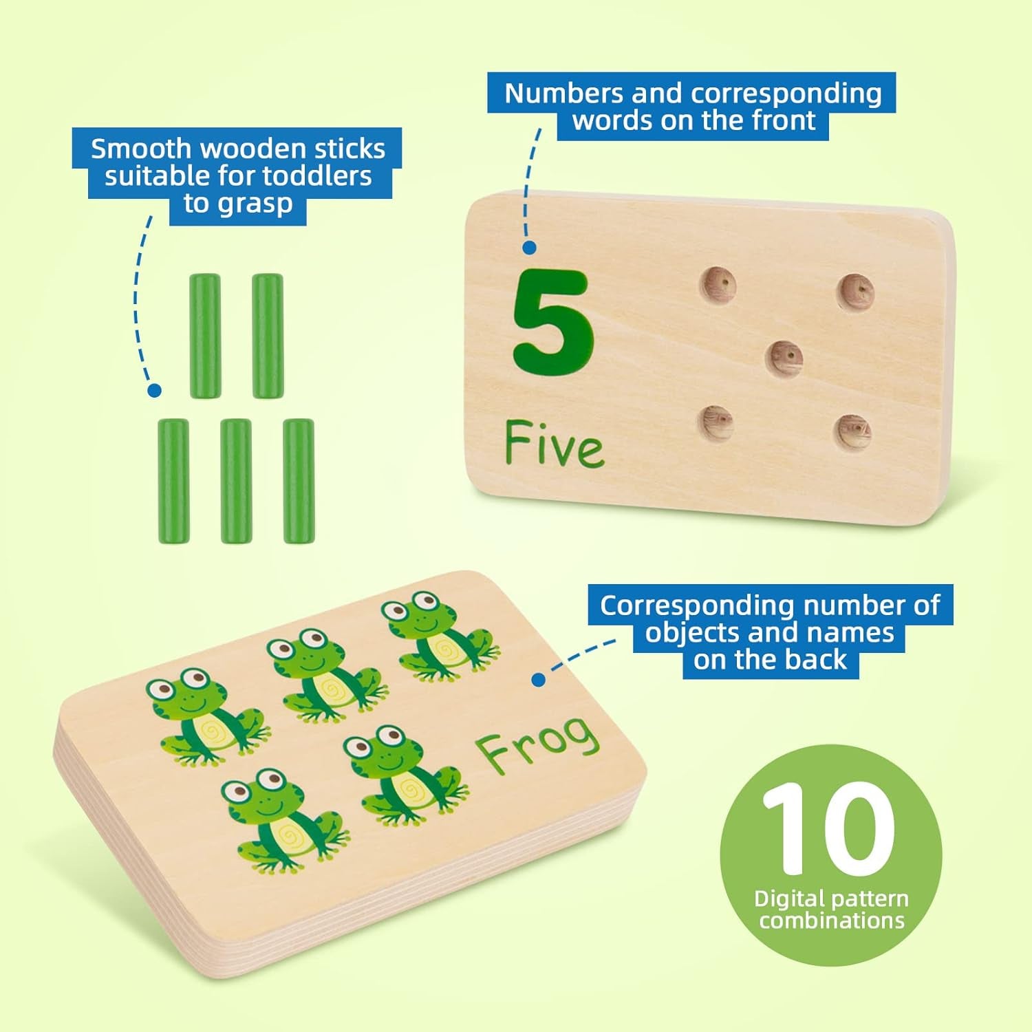 Wooden pegboard with colorful pegs, toddler counting toys for Montessori math and number learning activities for kids and kindergarten.