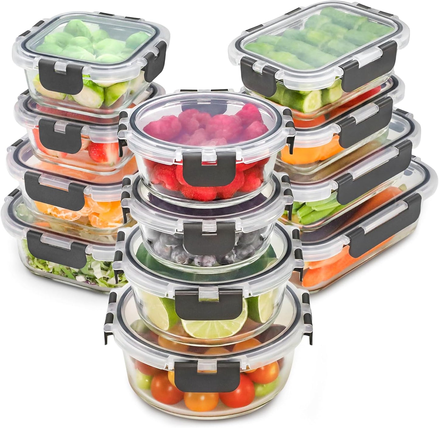 Set of 12 glass storage containers with lids, leak-proof and freezer safe, ideal for meal prep and food storage.