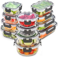 Set of 12 glass storage containers with lids, leak-proof and freezer safe, ideal for meal prep and food storage.