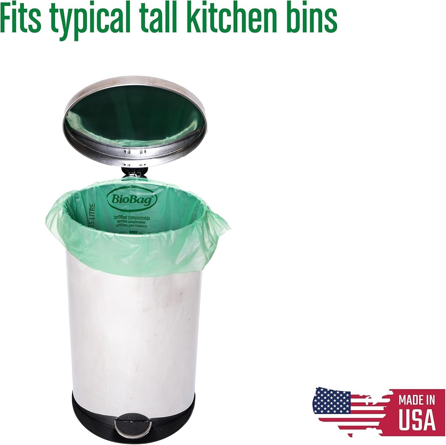 13-gallon tall kitchen compostable trash bags by X With Love, BPI certified food scrap bin liners, 48 count, made in USA.