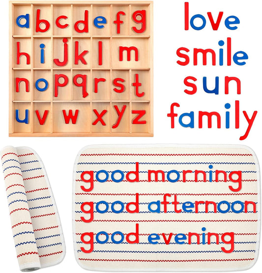 Set of colorful wooden Montessori alphabet letters in red and blue with storage box and large mat for preschool spelling and language learning.