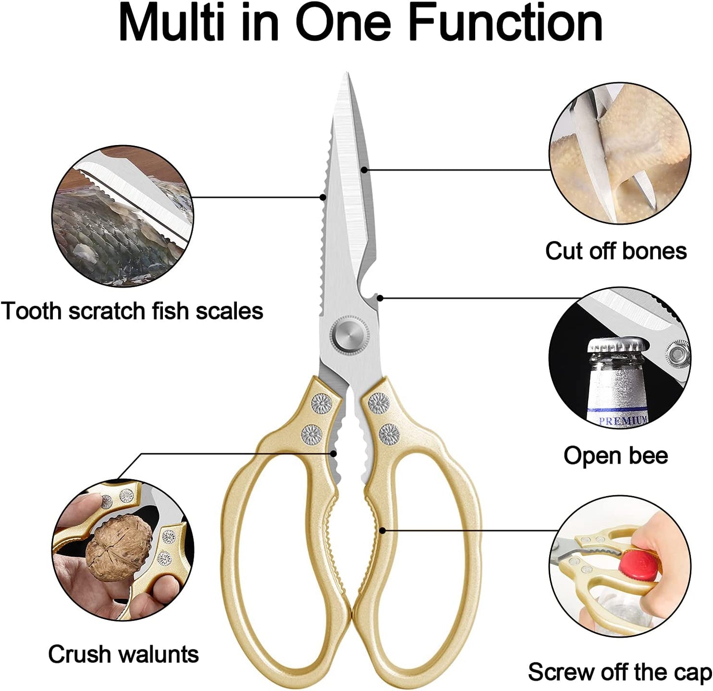 My Store heavy-duty stainless steel kitchen scissors with gold handles, ultra sharp, dishwasher safe, ideal for poultry, fish, herbs, and more.