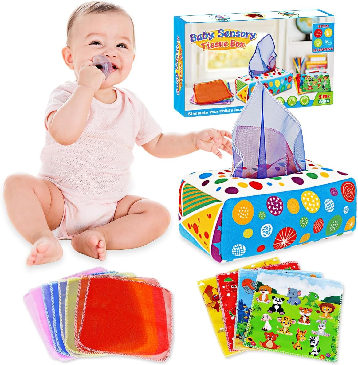 Soft crinkle baby tissue box toy from X With Love, designed for infants 6-12 months, sensory and early learning toy for babies.