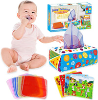 Soft crinkle baby tissue box toy from X With Love, designed for infants 6-12 months, sensory and early learning toy for babies.