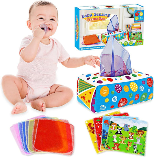 Soft crinkle baby tissue box toy from X With Love, designed for infants 6-12 months, sensory and early learning toy for babies.