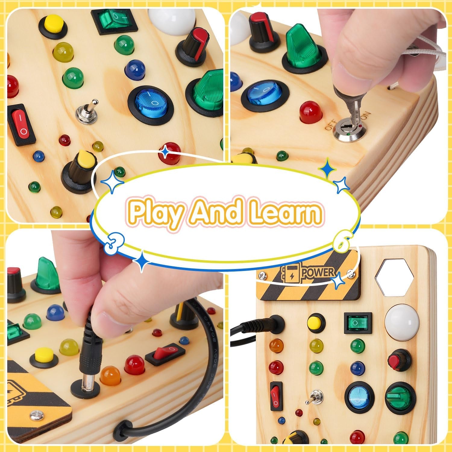 Wooden Montessori busy board toy with LED light switch for toddlers, educational sensory toy for 1-3 year old boys and girls