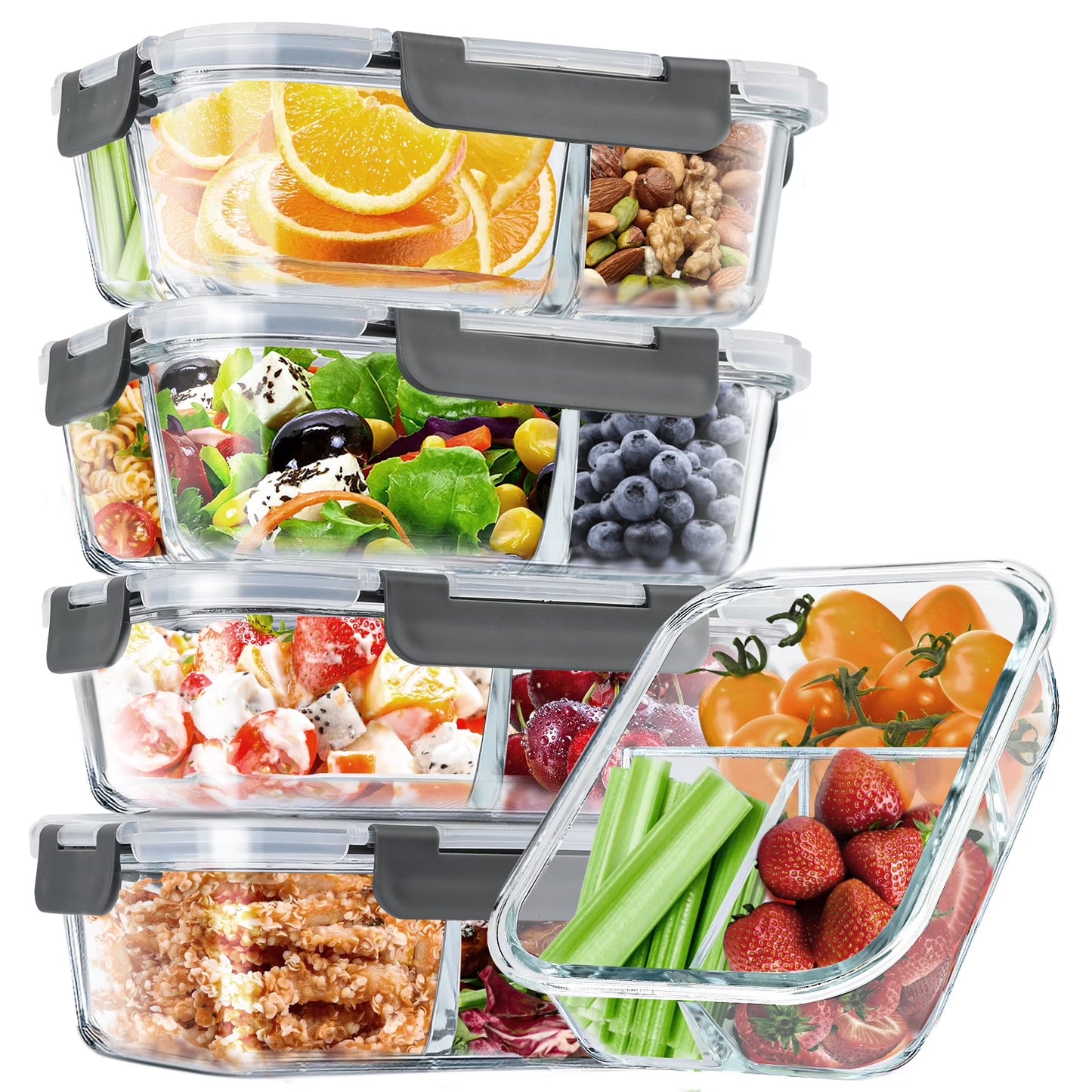 Set of 8 grey glass food storage containers with lids, 2-3 compartments, airtight, oven and freezer safe, leak-proof meal prep containers.