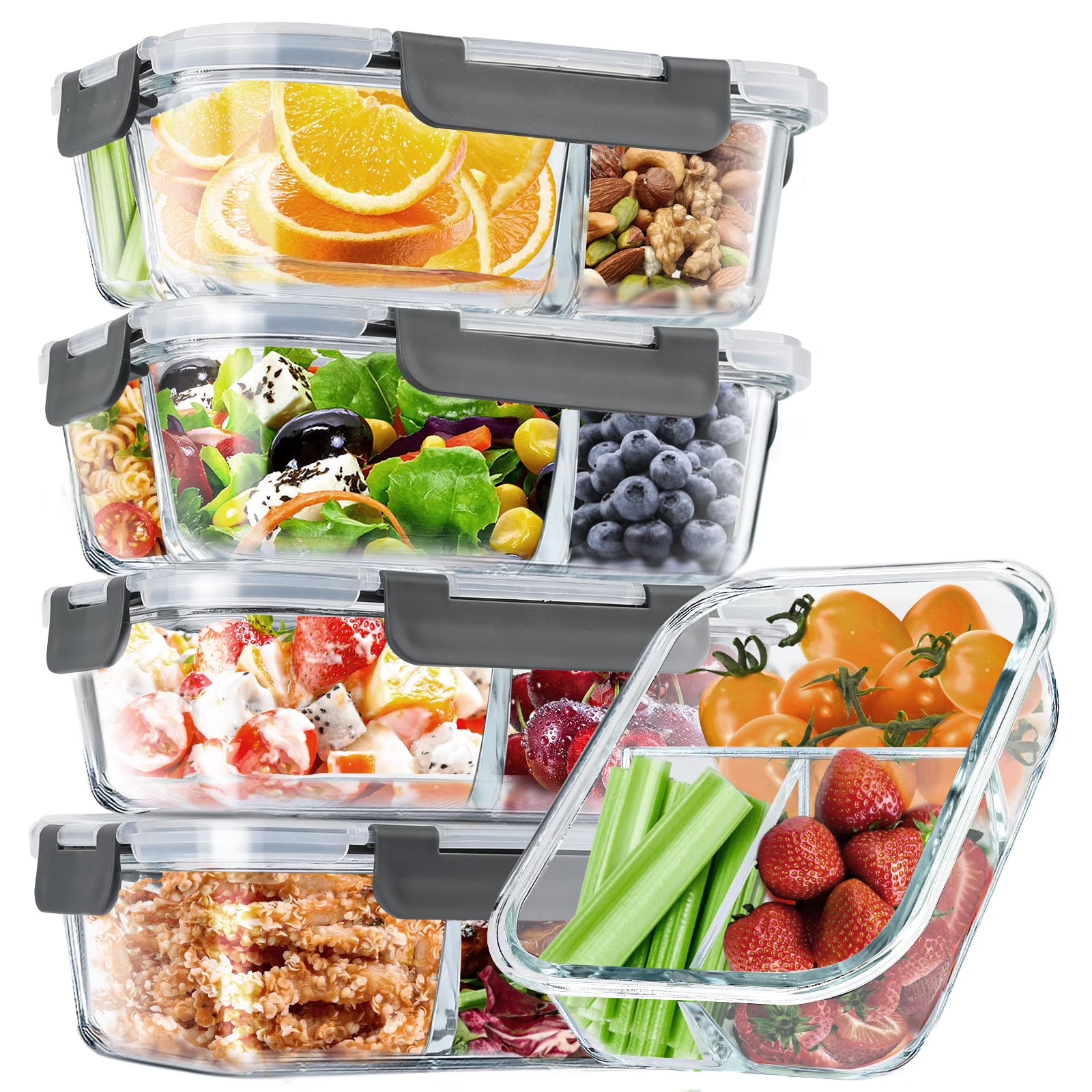 Set of 8 grey glass food storage containers with lids, 2-3 compartments, airtight, oven and freezer safe, leak-proof meal prep containers.