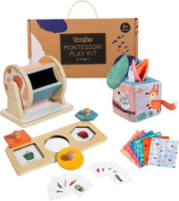 Montessori baby toys for 6-12 months, including a spinning drum, tissue box, peekaboo puzzle, and educational play kit for infants.