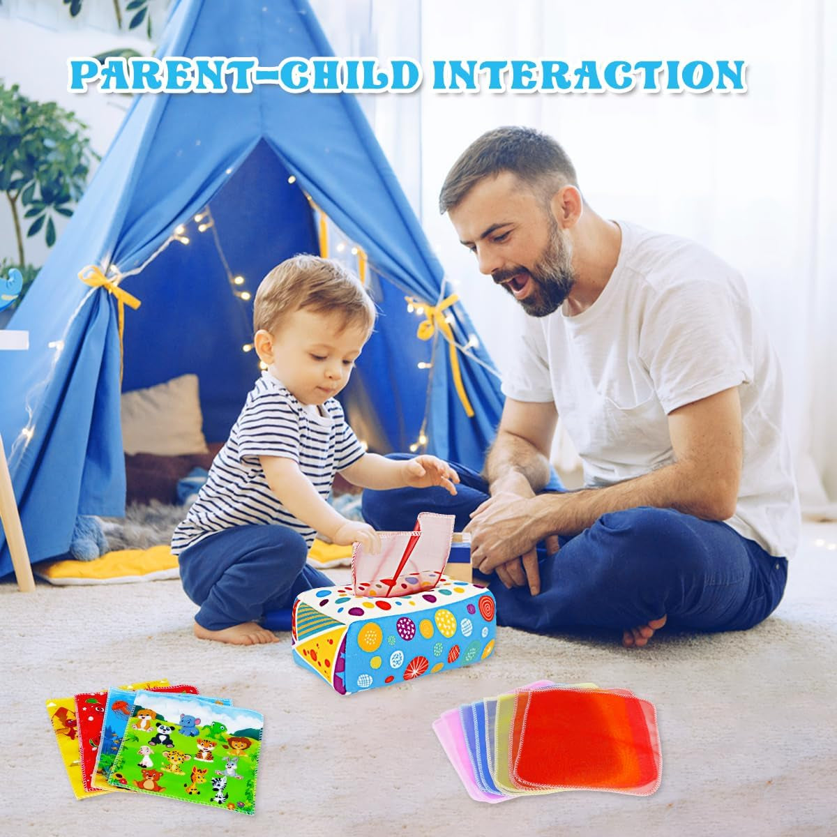 Soft crinkle baby tissue box toy from X With Love, sensory toy for infants 6-12 months, ideal for early learning and sensory play.