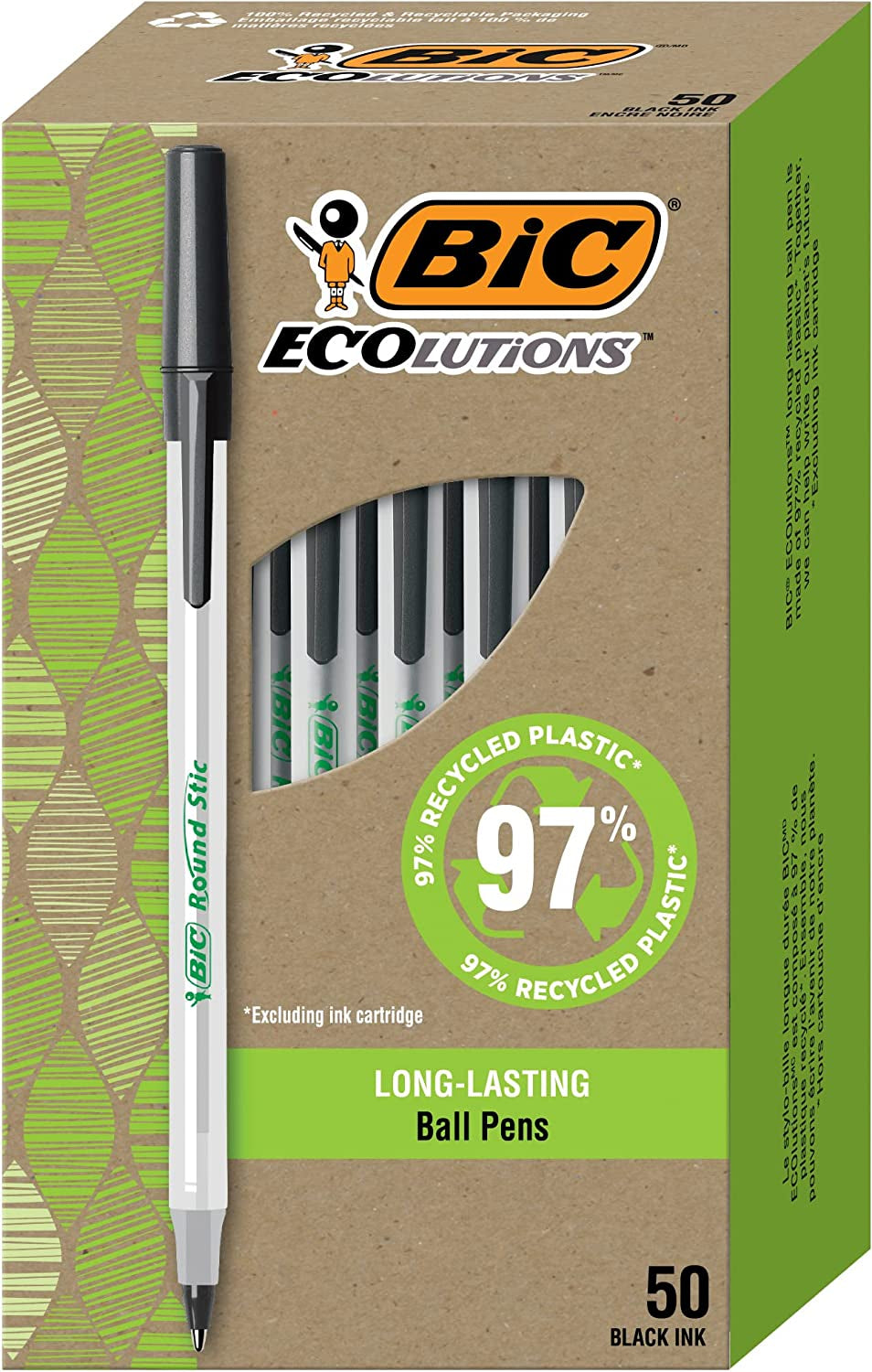 My Store Ecolutions round Stic ballpoint pens with black ink, medium point, 50-pack, made from 97% recycled plastic