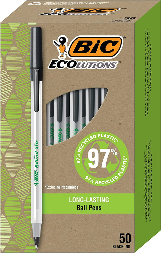 My Store Ecolutions round Stic ballpoint pens with black ink, medium point, 50-pack, made from 97% recycled plastic