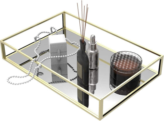 Clear rectangular mirror tray for organizing perfumes, jewelry, and makeup on vanity or dresser top, with gold accents.