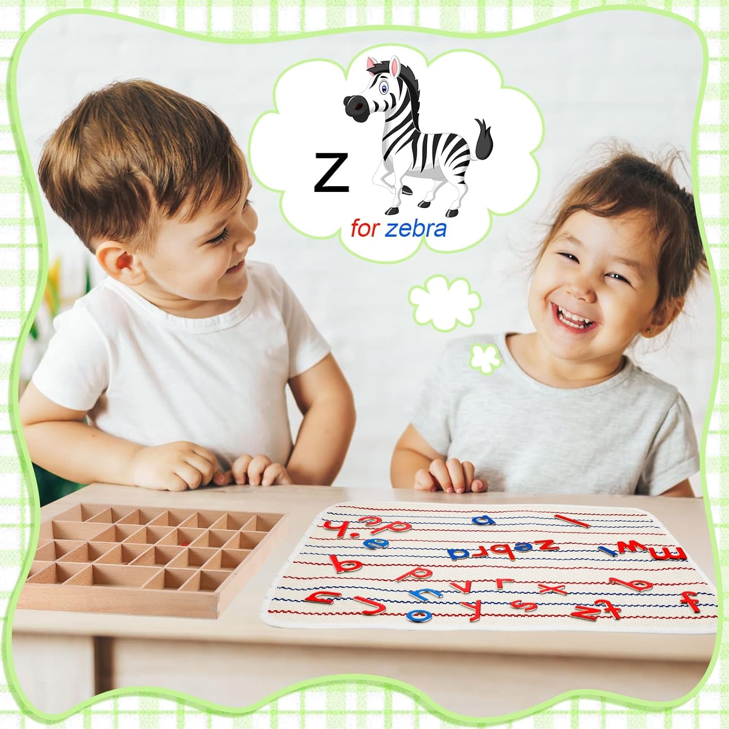 Set of Montessori wooden alphabet letters in red and blue, with box and large mat for preschool spelling and language learning.