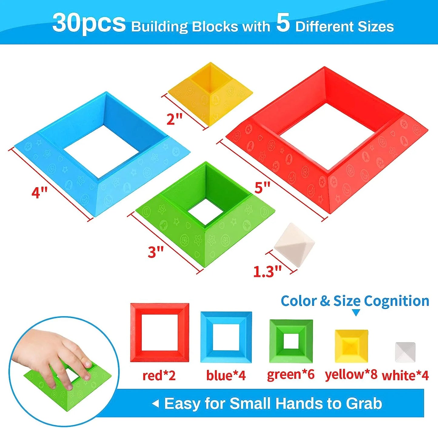 Colorful toddler stacking building blocks set by X With Love, featuring 30 Montessori-inspired sensory learning toys for ages 1-3.