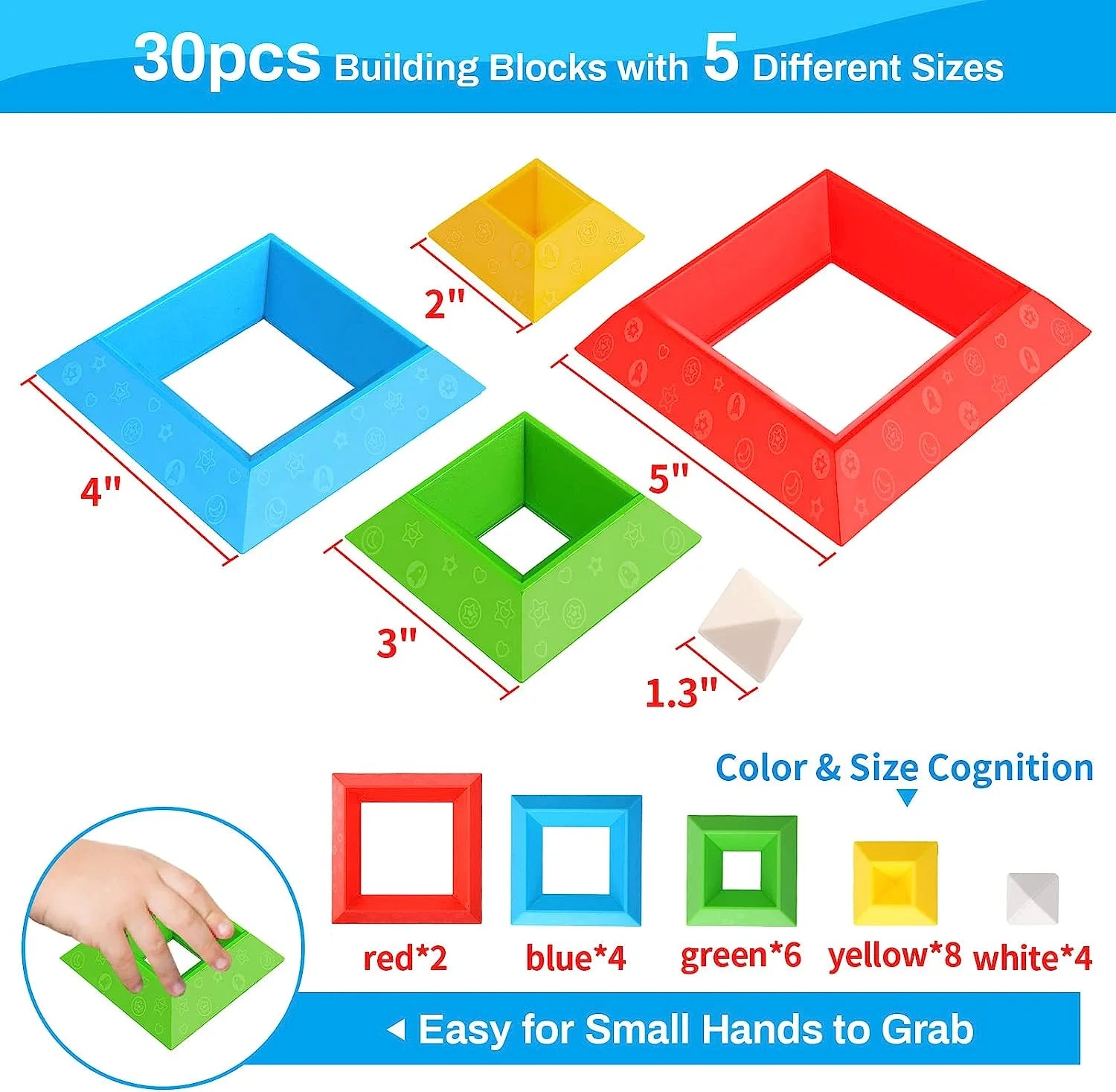 Colorful toddler stacking building blocks set by X With Love, featuring 30 Montessori-inspired sensory learning toys for ages 1-3.