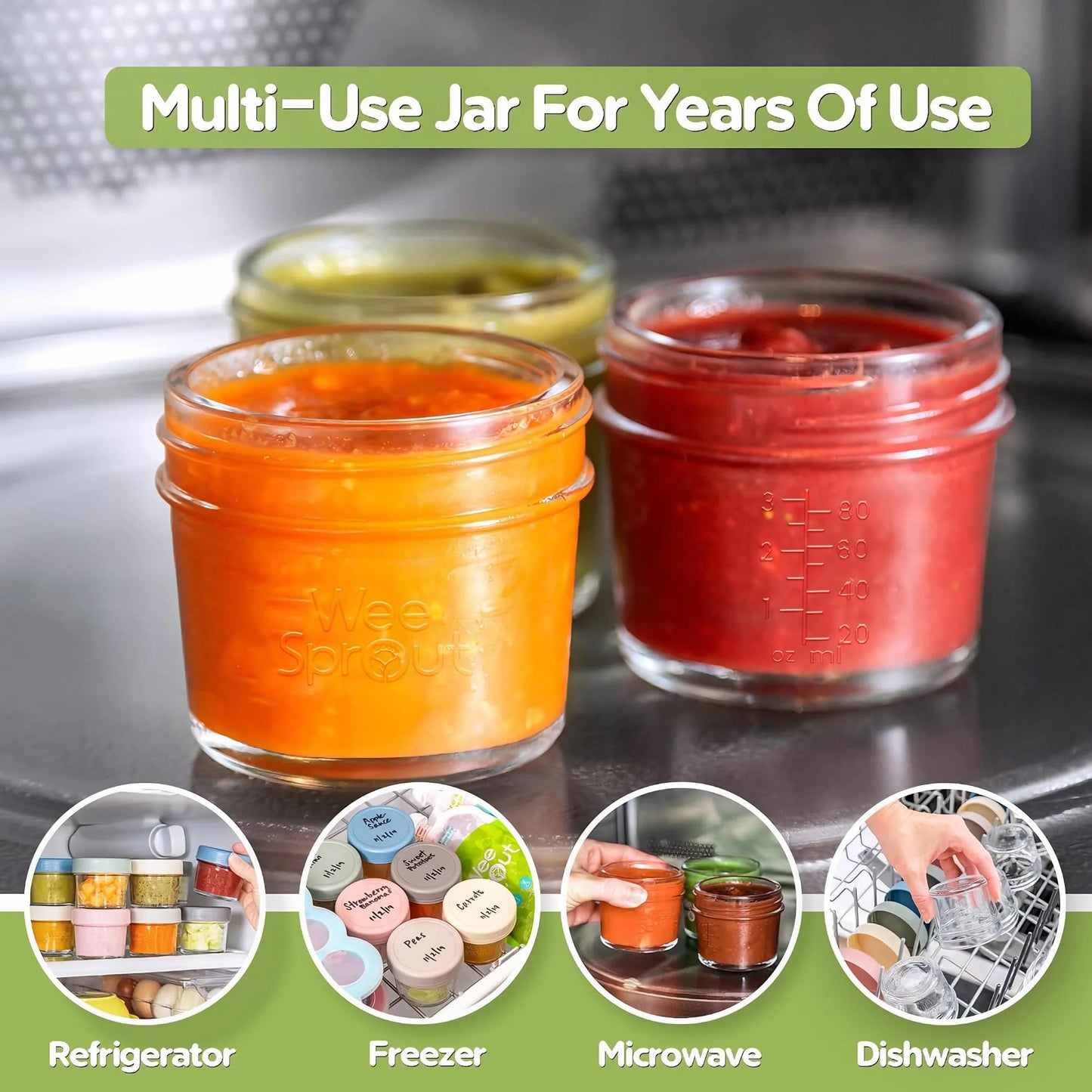 Set of 12 glass baby food storage jars with lids, 4 oz capacity, by X With Love, showing clear jars with secure lids.