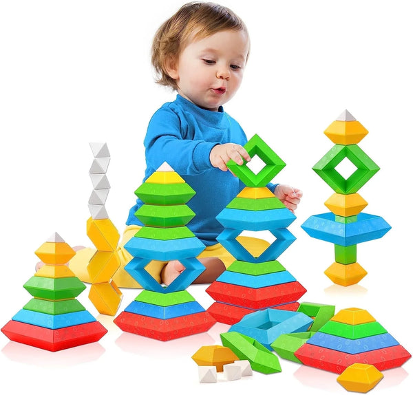Colorful toddler stacking building blocks from X With Love, educational Montessori toys for ages 1 to 3, with 30 pieces for sensory play.