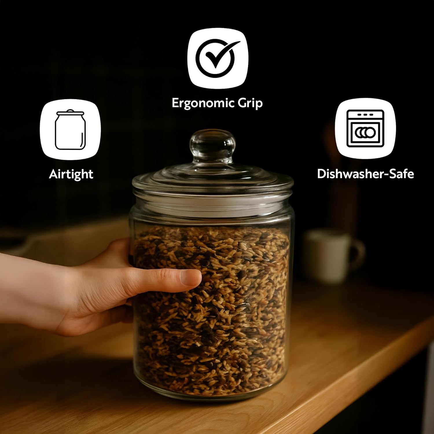 Vetri glass storage jar by X With Love with airtight seal, wide opening, clear glass, knob handle lid for kitchen or storage use
