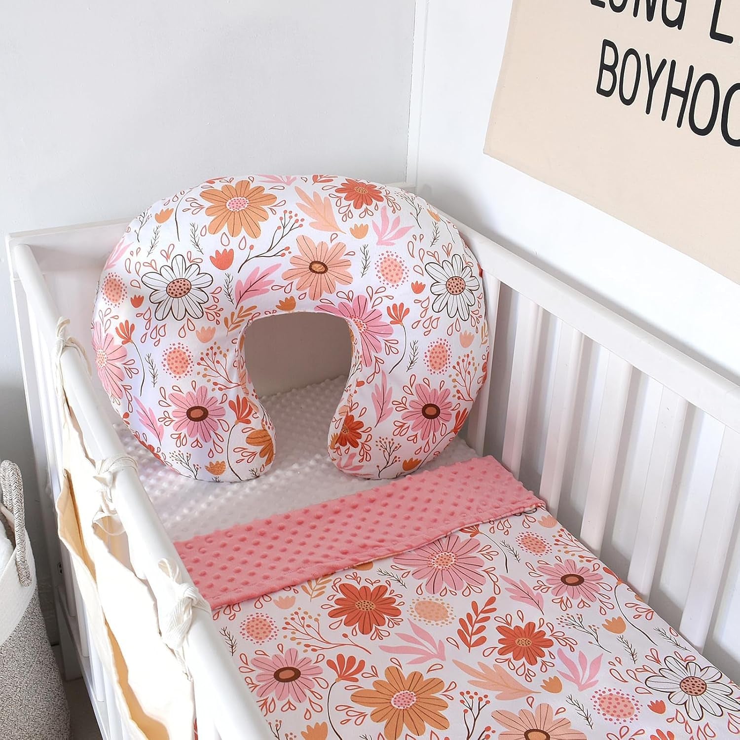 X With Love Minky Nursing Pillow Cover with Daisy print, U-shape breastfeeding slipcover for baby boy or girl, cover only