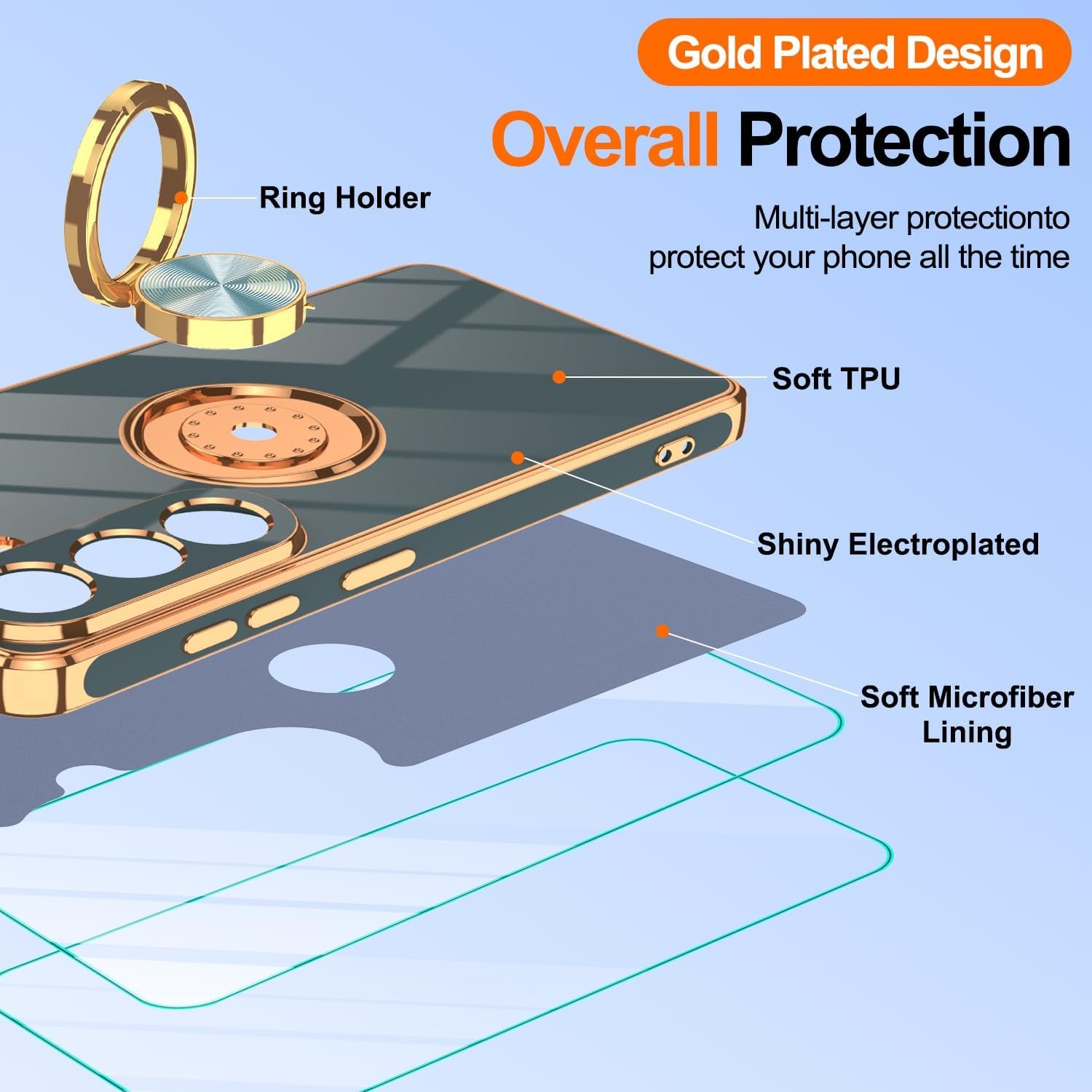 Gray Samsung Galaxy S26 case with 360° rotation ring holder, magnetic kickstand, gold plating edges, soft TPU shockproof cover.