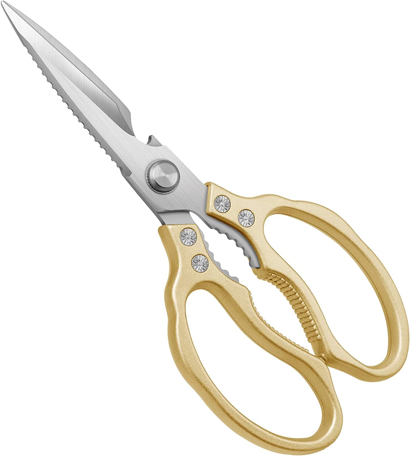 Heavy-duty stainless steel kitchen scissors with gold handles, ultra-sharp all-purpose kitchen shears for poultry, fish, and herbs.