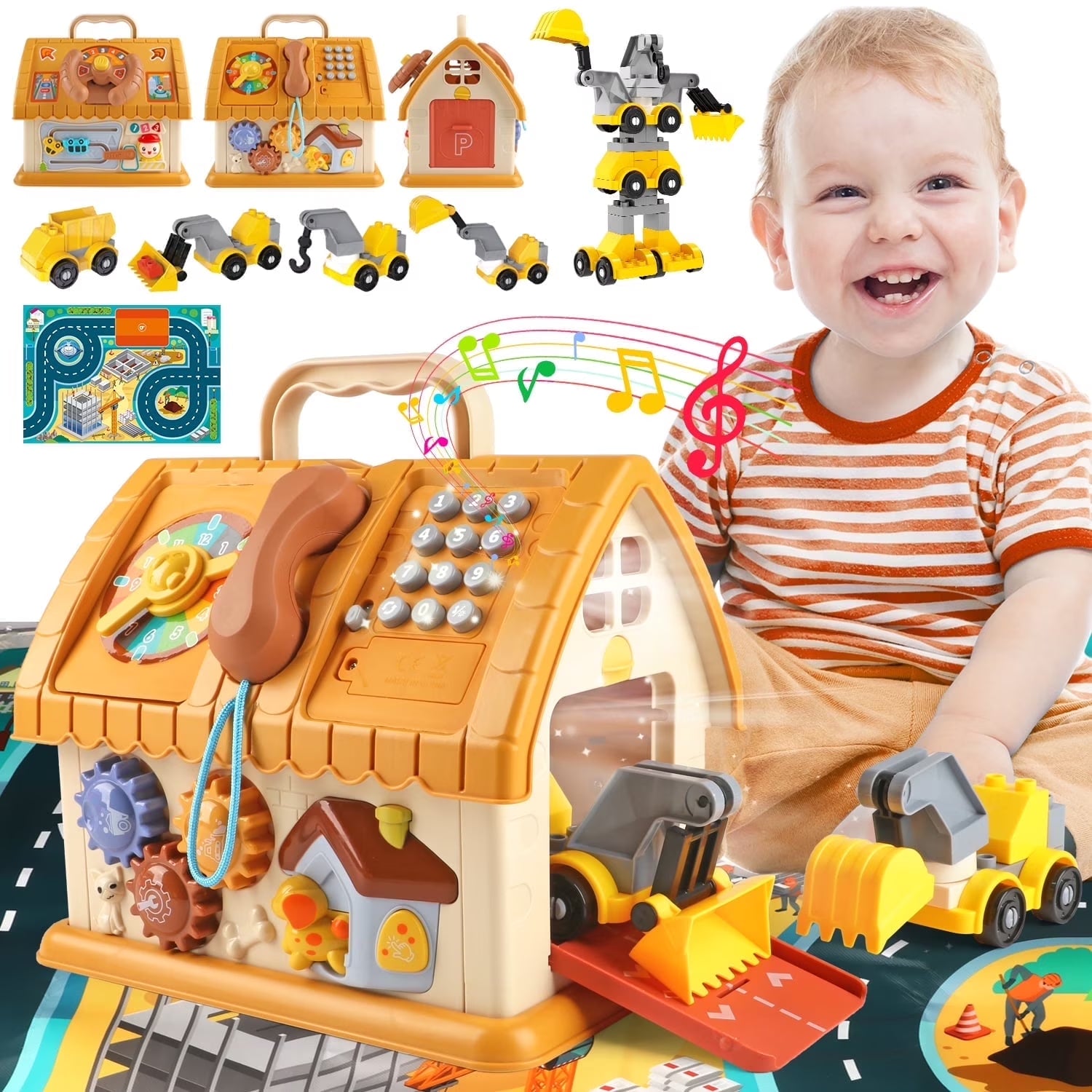 Colorful toddler Montessori learning house toy with cars, map, sound, and light features for 1+ year old children.