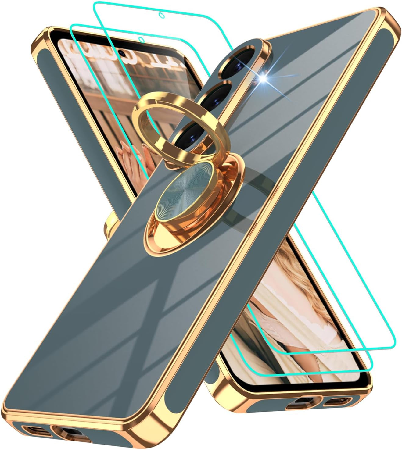 Gray Samsung Galaxy S26 case with 2-pack screen protectors, gold-edged shockproof soft TPU cover, 360° ring holder and magnetic kickstand.