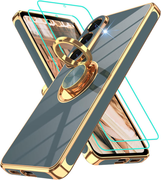 Gray Samsung Galaxy S26 case with 2-pack screen protectors, gold-edged shockproof soft TPU cover, 360° ring holder and magnetic kickstand.