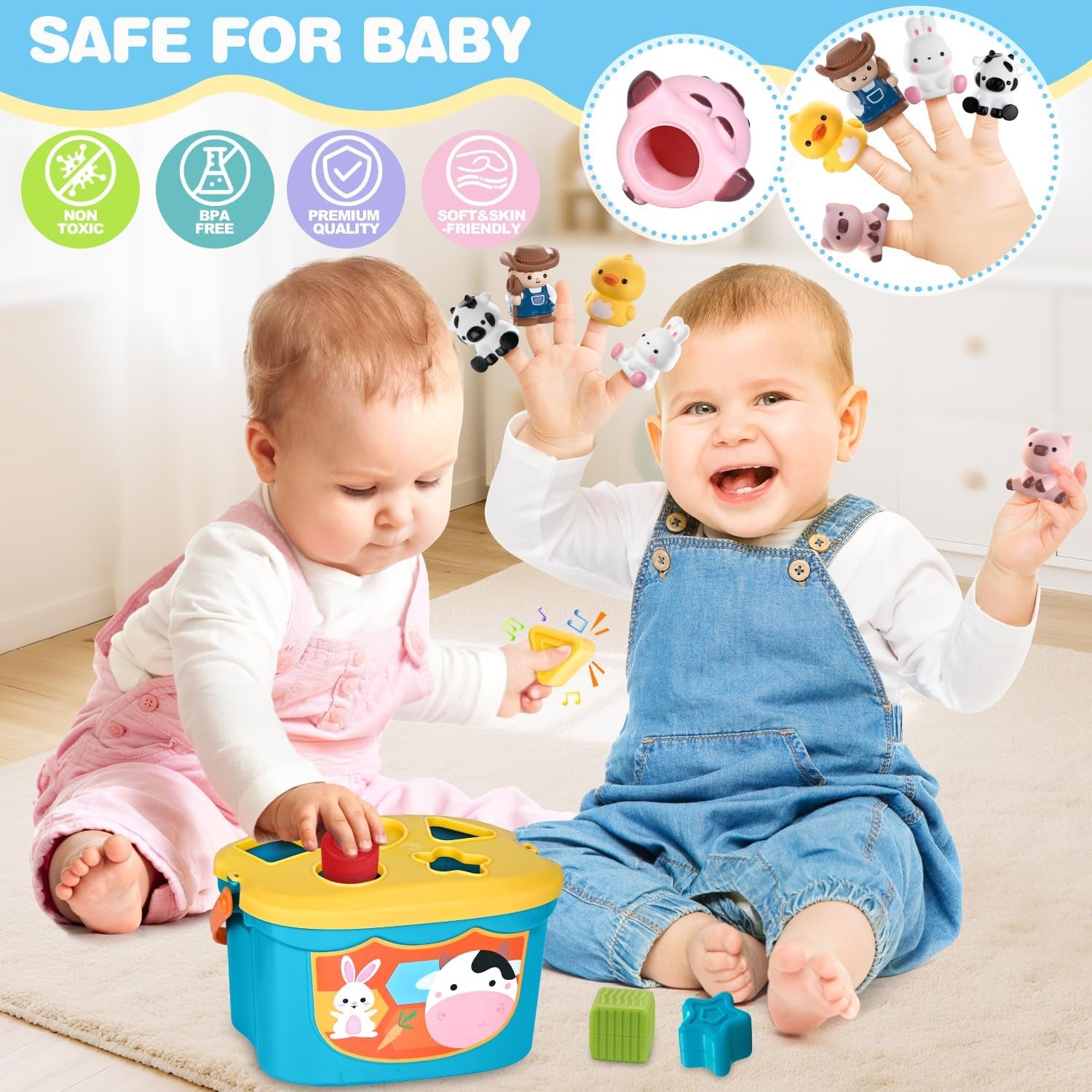 Soft infant sensory teething toy and stacking cups for 6-12 month old babies, featuring shape sorter blocks and finger puppets.
