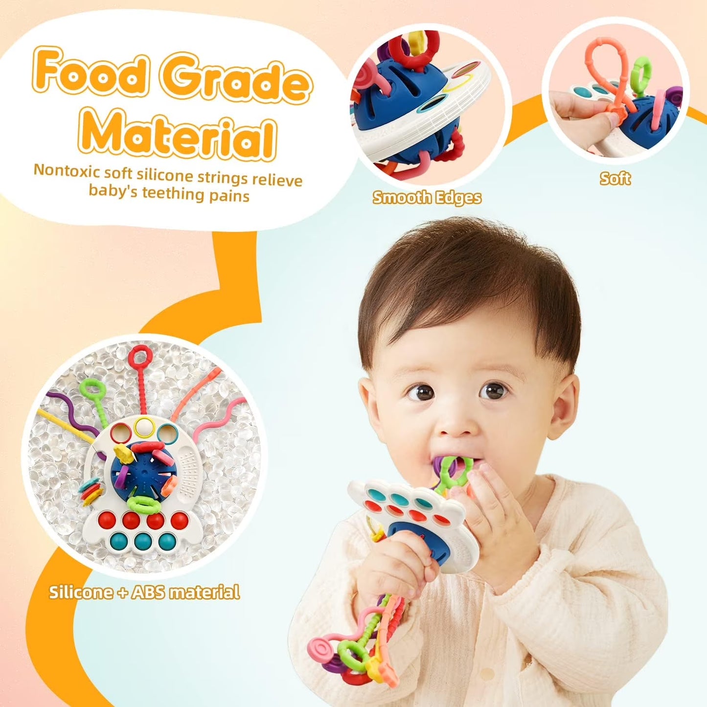All-in-one Montessori baby sensory toy with pull string for infants 0-18 months, promoting fine motor skill development.