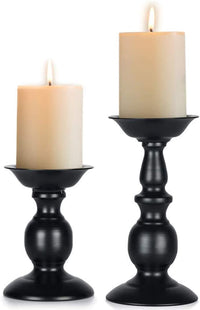 Set of two rustic black metal candle holders for pillar candles, tall retro design, ideal for farmhouse, Halloween, and Easter decor.