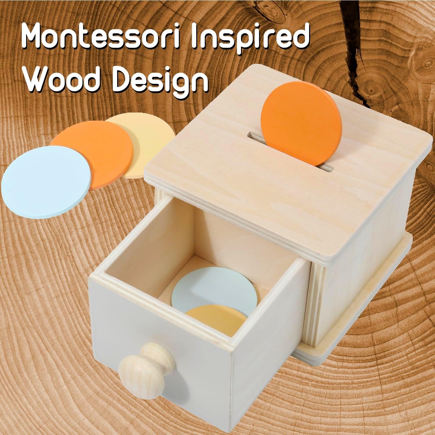 Wooden Montessori coin box toy for 1-year-old toddlers, featuring a ball-shaped drawer for learning object permanence.